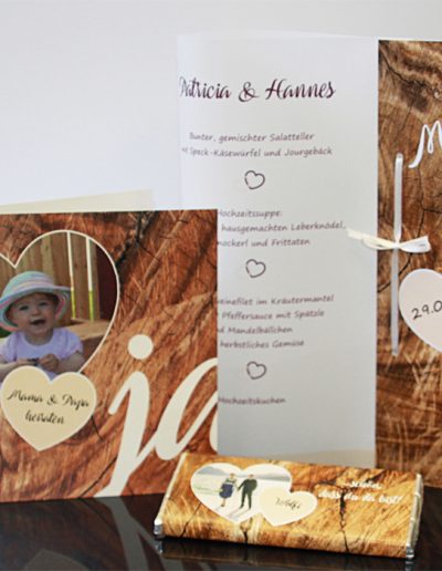 Hochzeitseinladung, Menükarten und Deko